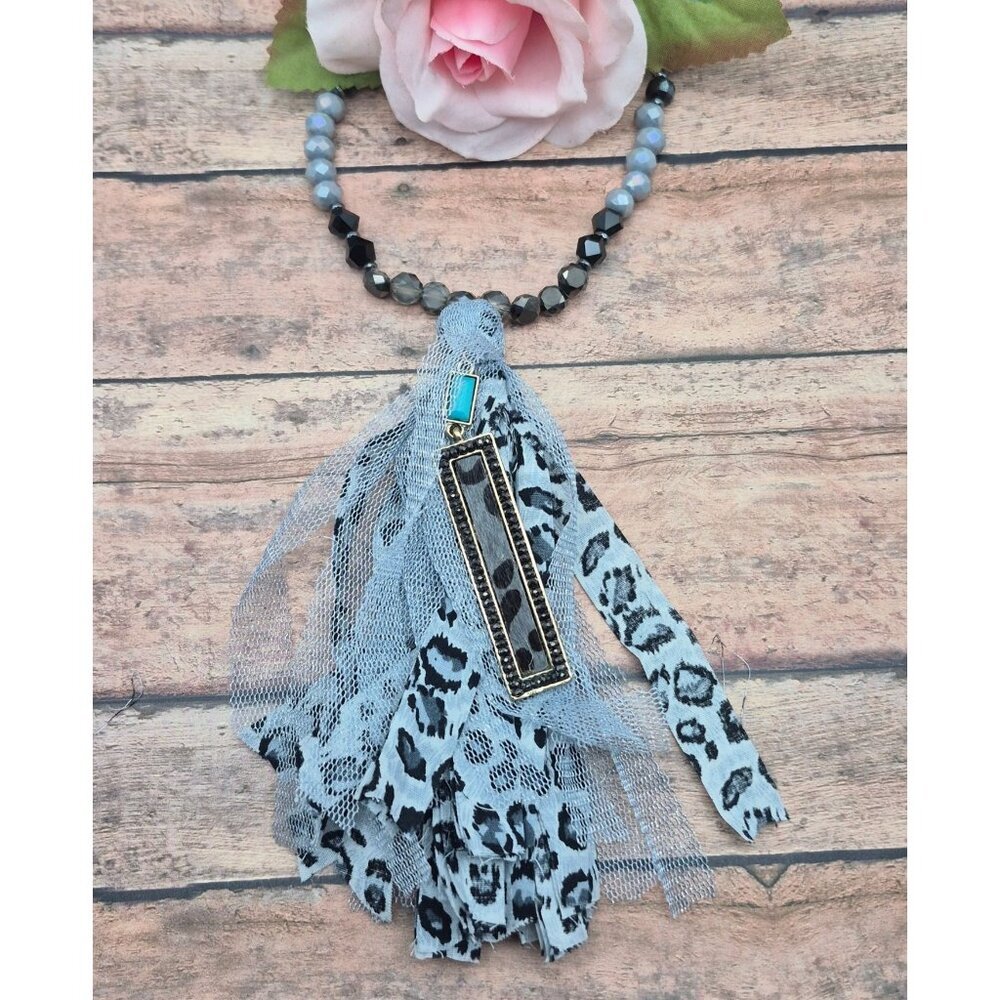 Artisan Boho Gray & Black Crystal Bead 33" Pendant Necklace Leopard Print Tassel